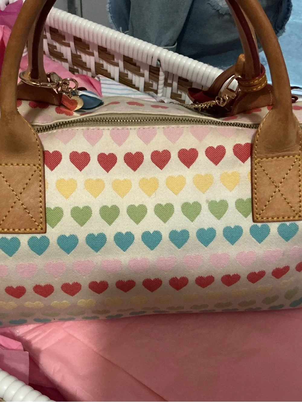 Dooney & Bourke Multicolor Heart Print Satchel - hand baCream with Rainbow Heart